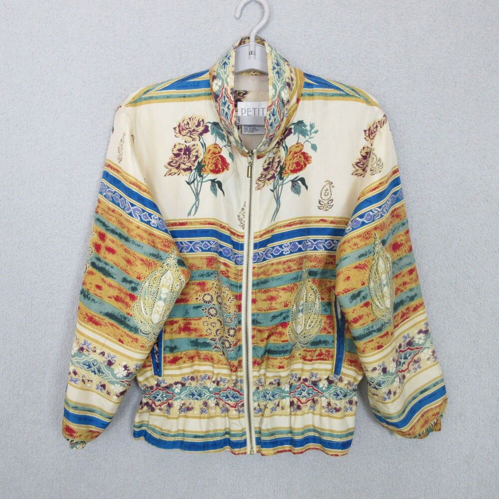 Petite Sophisticate Jacket Womens PM Silk Zip Floral Stripe Bomber Lightweight